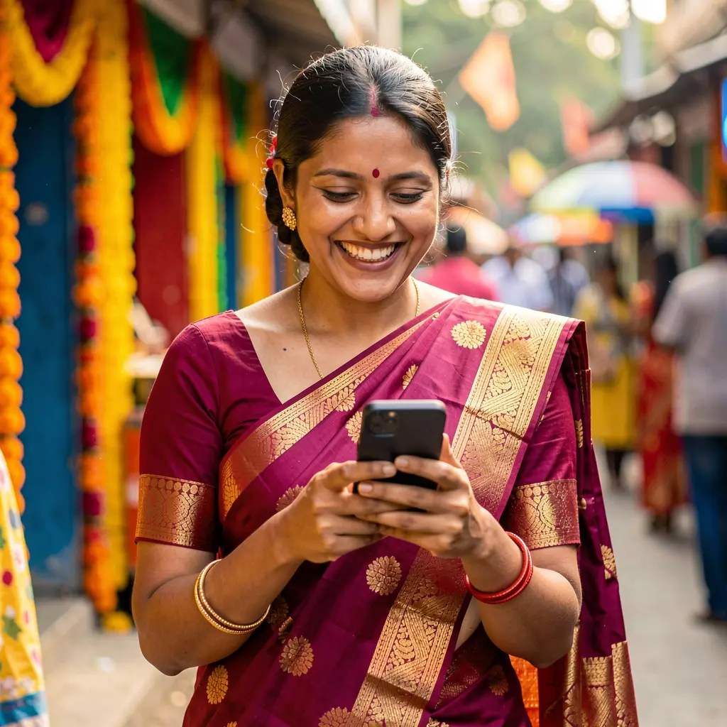 Confident Bangladeshi woman in a traditional sari enjoying mobile casino gameplay on the A88O app with vibrant city lights behind her