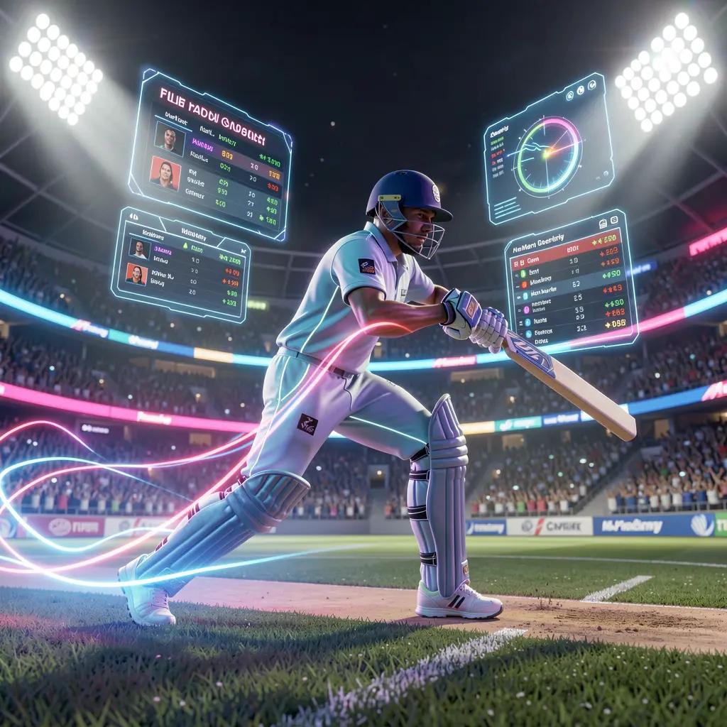 Neon cricket player silhouette in motion with dynamic light trails and a digital betting interface highlighting fast sports betting on A88O in Bangladesh