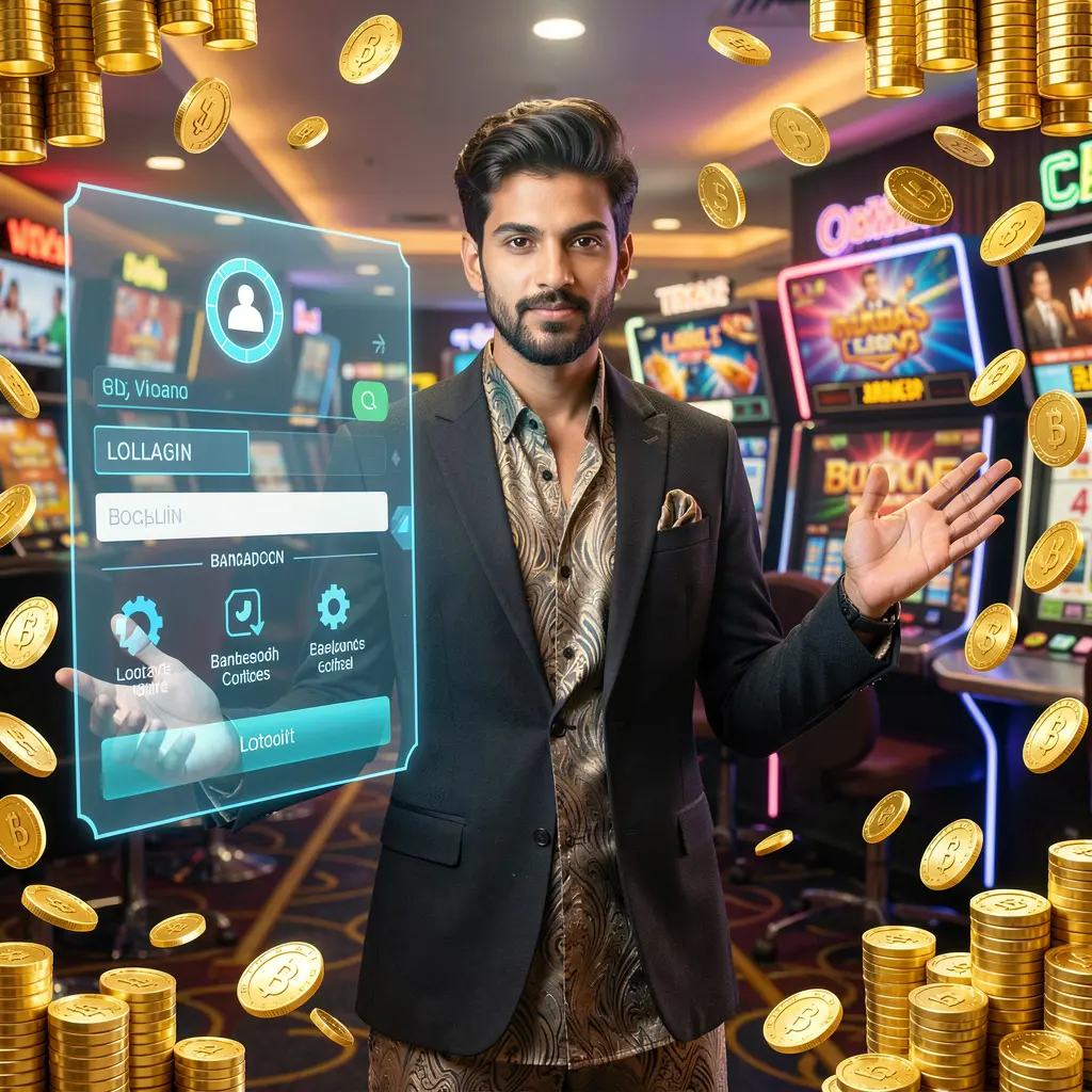 A confident Bangladeshi casino host welcoming players at the A88O login interface with golden coins and vibrant casino lights